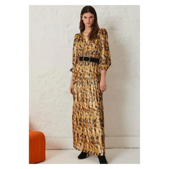 NWT BA&SH Gold Metallic Printed Gullian Robe Maxi Dress Long Sleeve Ochre XS - Picture 2 of 16
